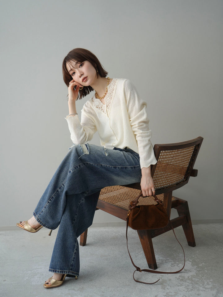 [SET]レースネックジャガードニットカーディガン+ダメージデニムセミワイドパンツ(2set)