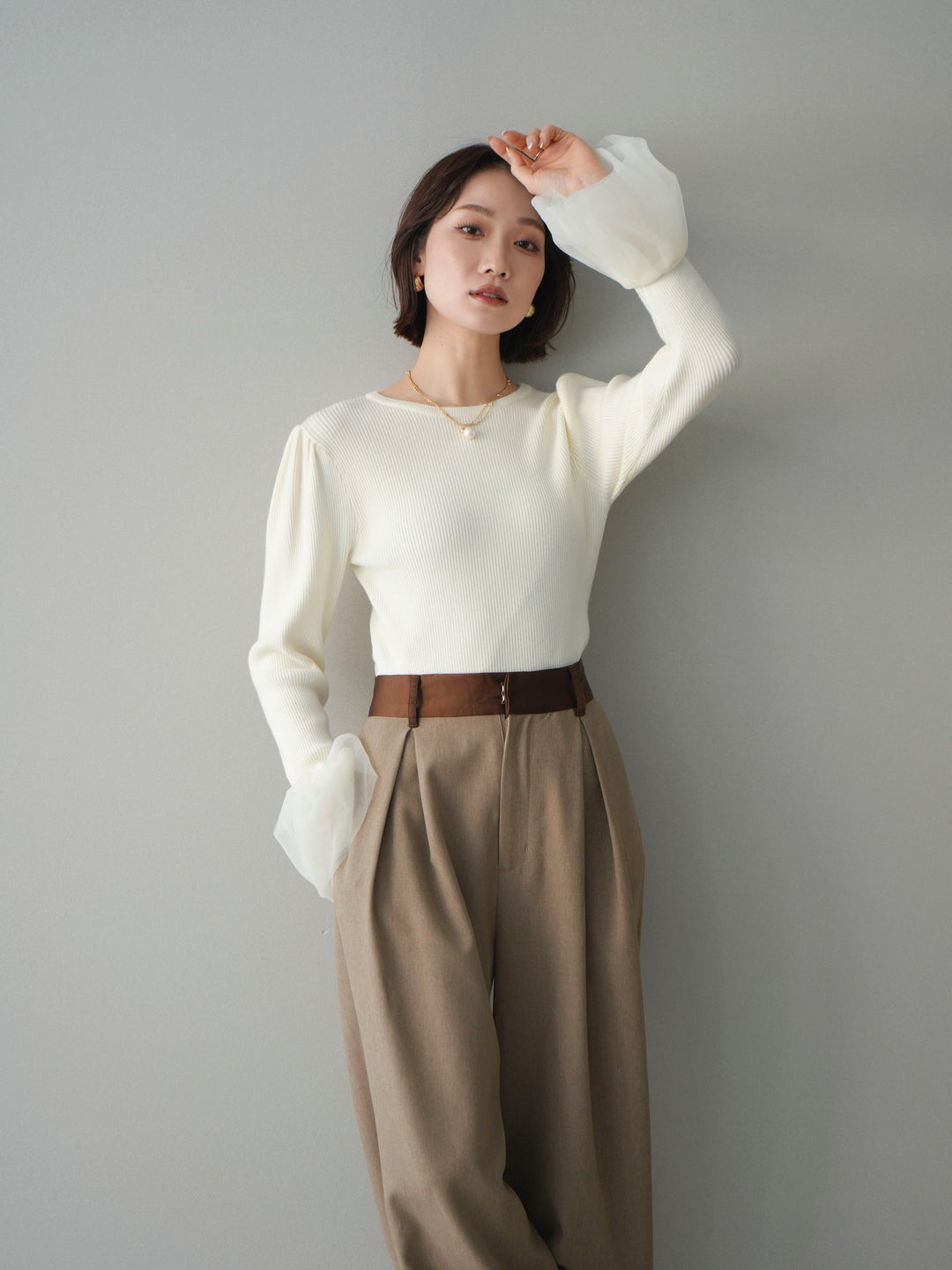 [SET]袖チュールパワショルリブニットトップス+袖チュールパワショルリブニットトップス(2set)