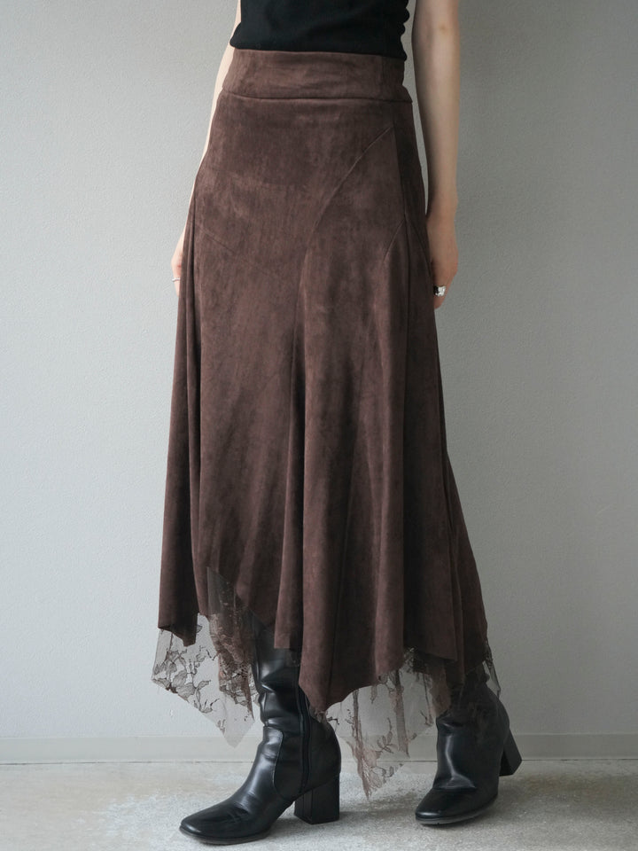 [予約]スエード裾レースアシンメトリースカート/brown
