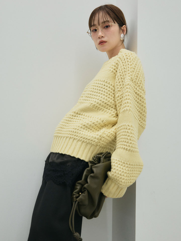 【Allure】[SET]ライン編みニットプルオーバー+ループデザインツイルワイドパンツ(2set)