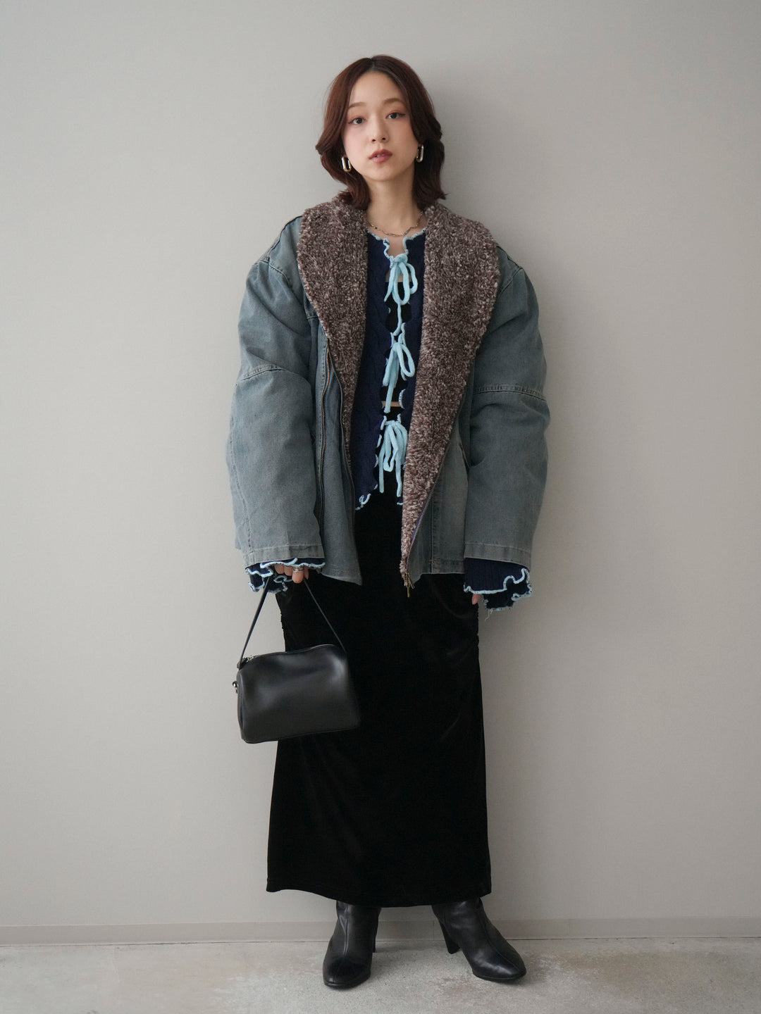 [SET]ミックスボアデニムジャケット+フロントリボン配色メローニットカーディガン+ギャザーベロアスカート(3set)