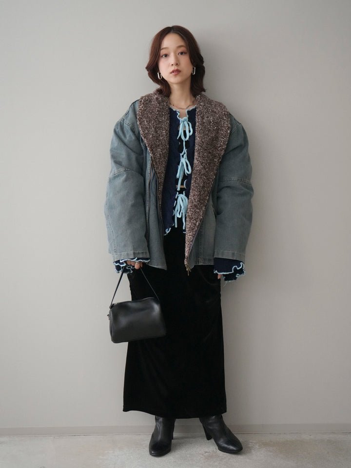 [SET]ミックスボアデニムジャケット+フロントリボン配色メローニットカーディガン+ギャザーベロアスカート(3set)