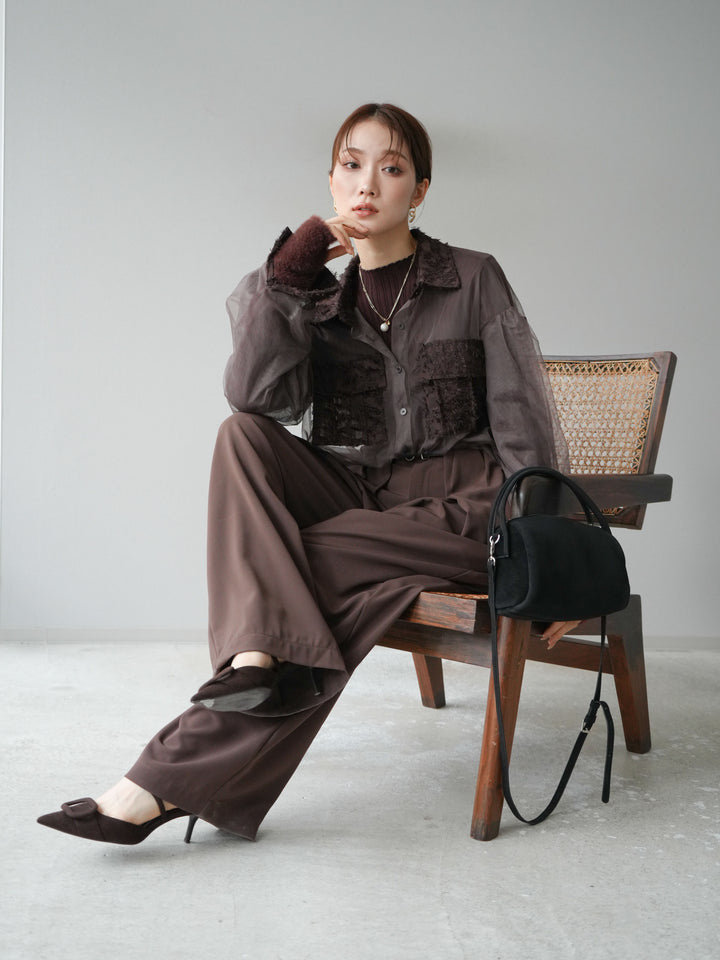 [SET]フリンジジャガード×チュールレイヤードシャツ+アームシャギーランダムリブニットトップス+ベルト付タックワイドパンツ(3set)