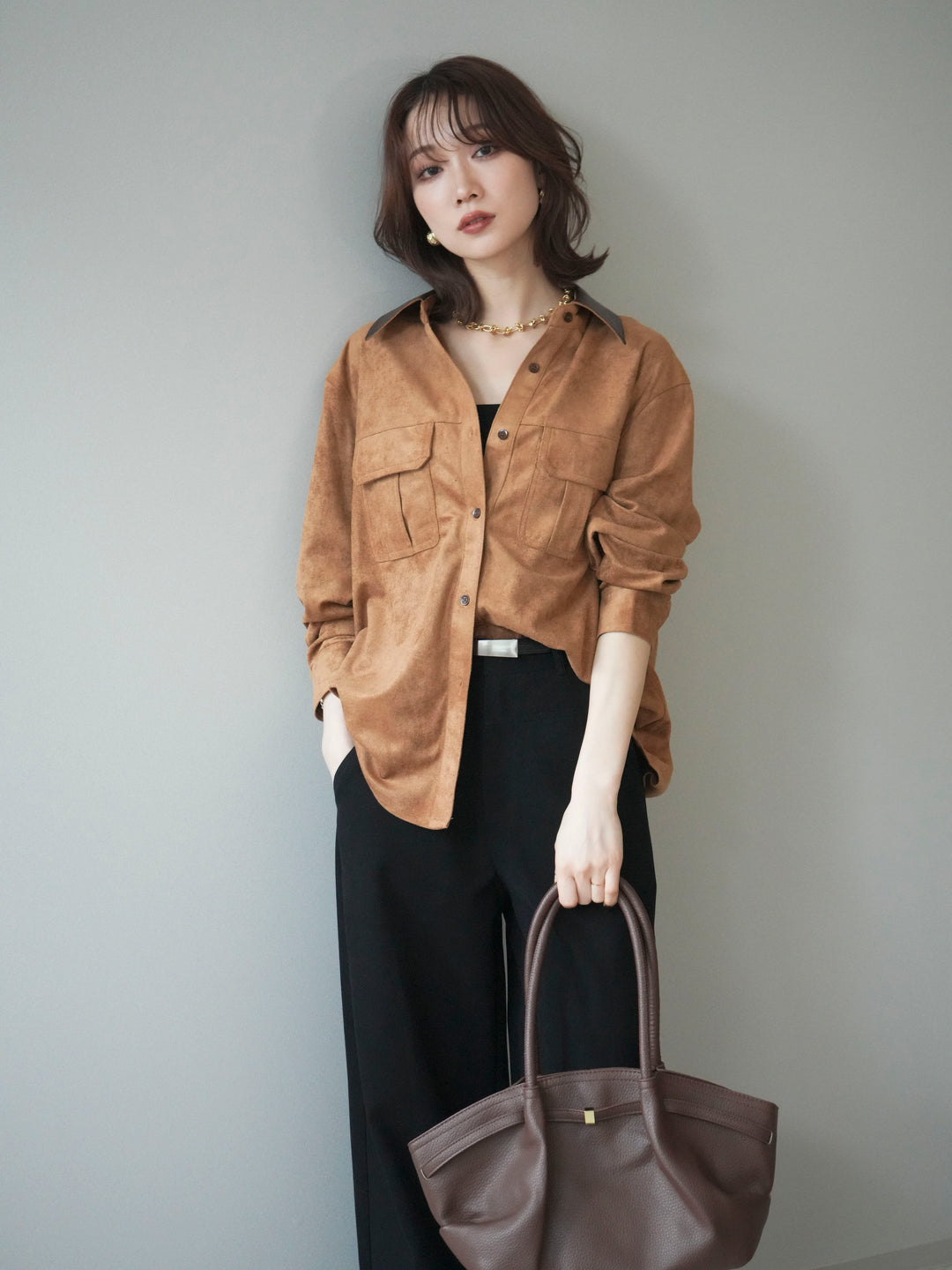[予約]レザー襟スエードシャツ/camel