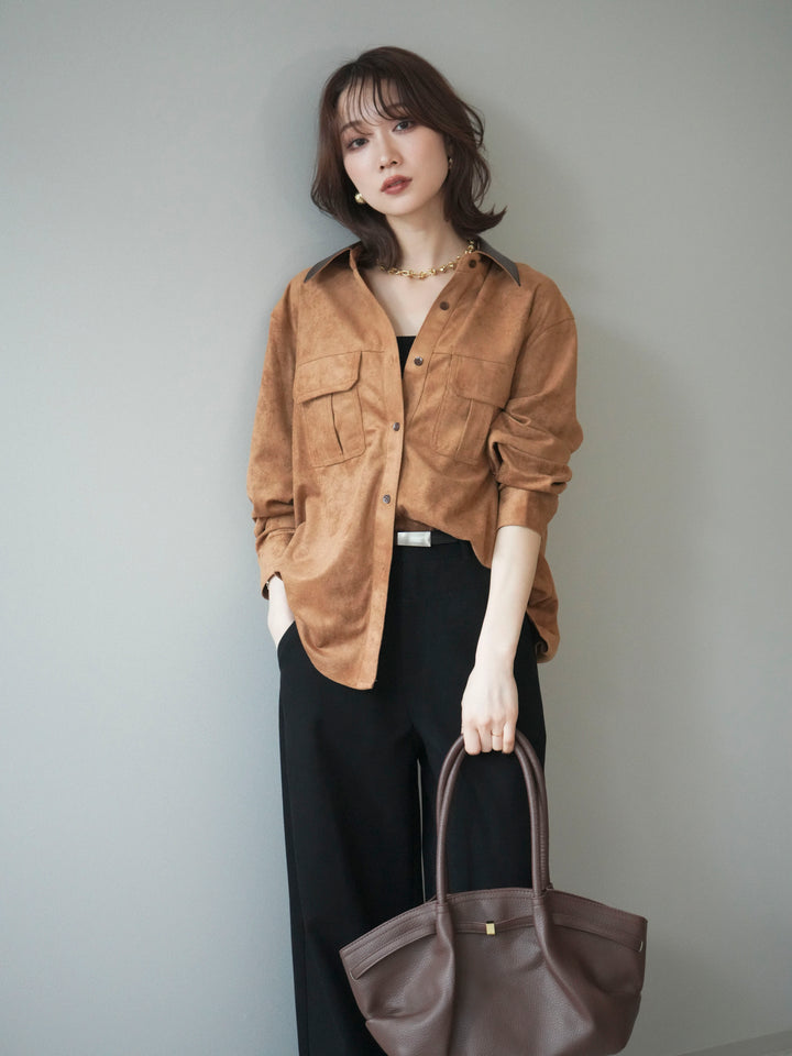 [予約]レザー襟スエードシャツ/camel