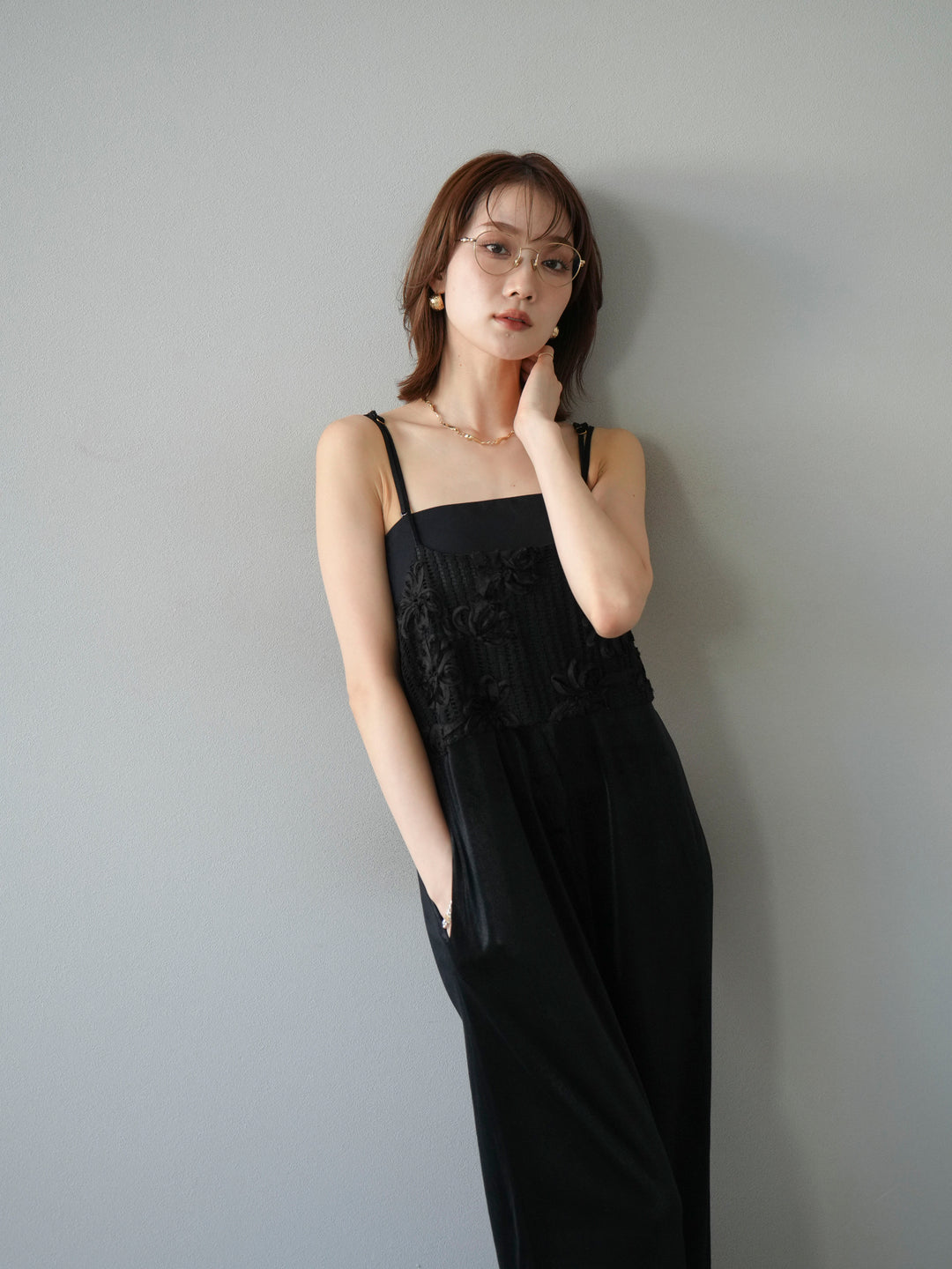 [予約]ジャガード切替ベロアサロペット/ブラック