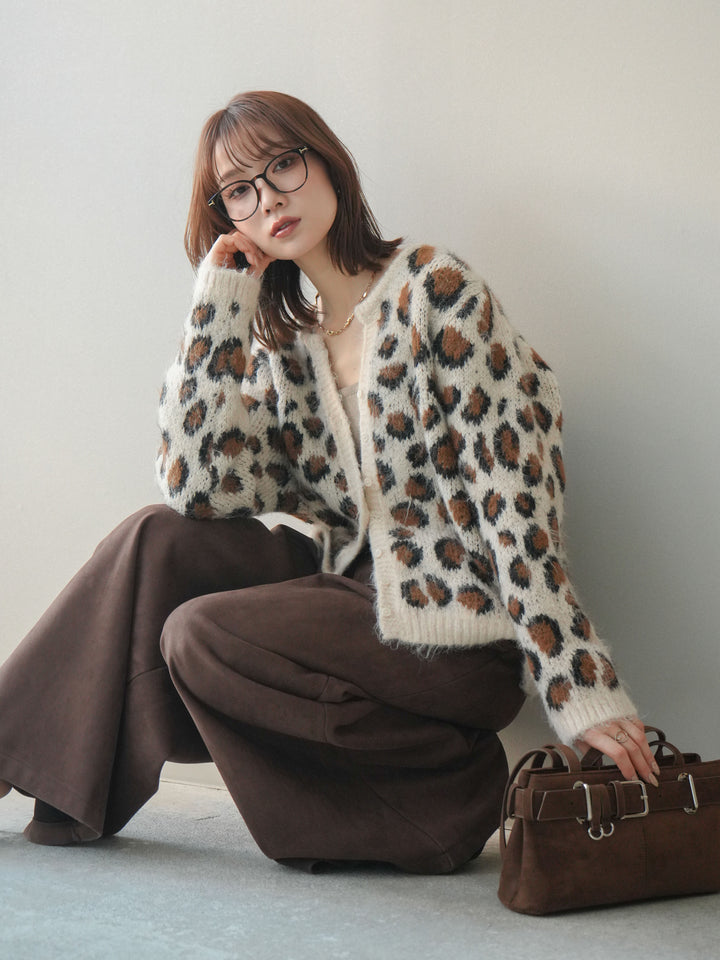 [SET]モヘアタッチレオパード柄ニットカーディガン+選べるアクセセット(2set)