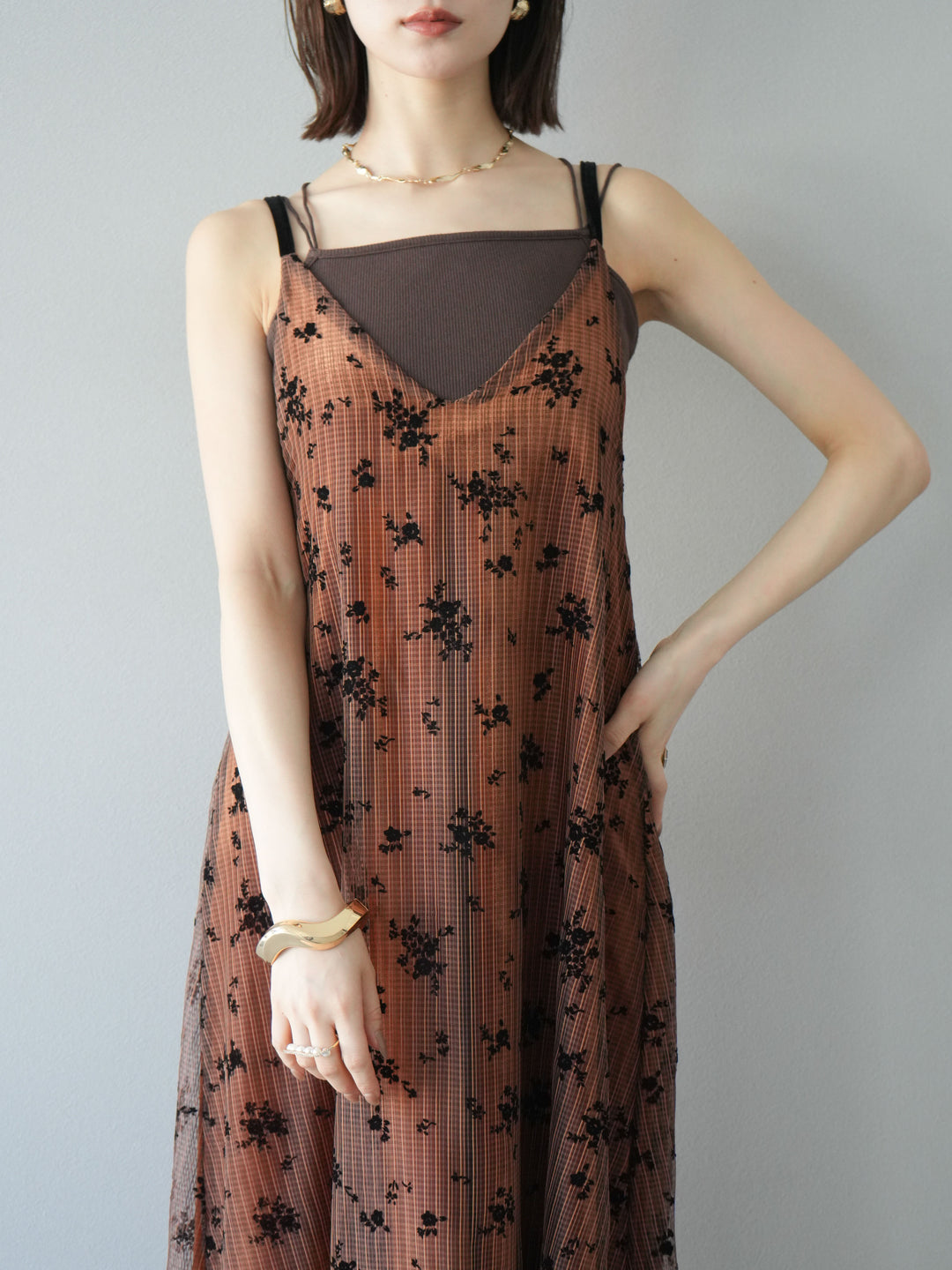 [予約]フロッキーチュールレイヤードベロアキャミワンピース/オレンジ