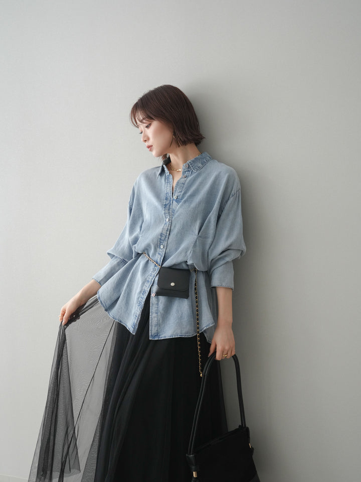 [SET]テンセルデニムタックシャツ+チュールボリュームスカート(2set)