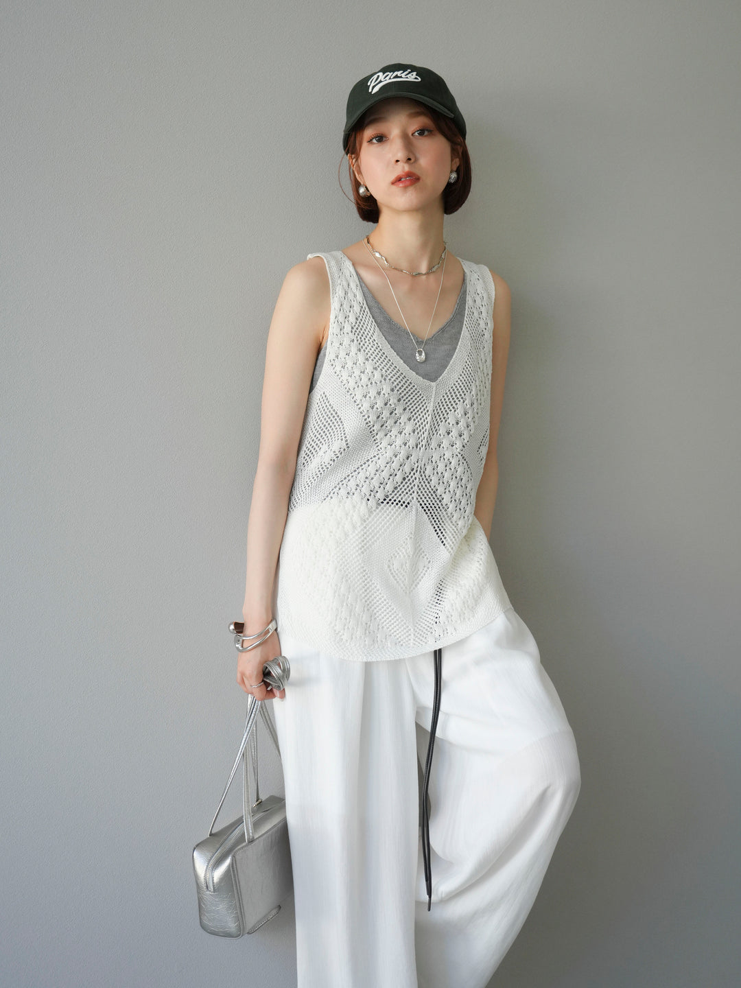 [予約]透かし編みレイヤードニットトップス/ホワイト