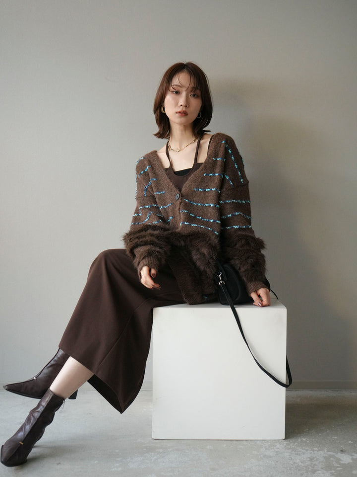 [予約]フェザーライン配色シャギーニットカーディガン/ブラウン