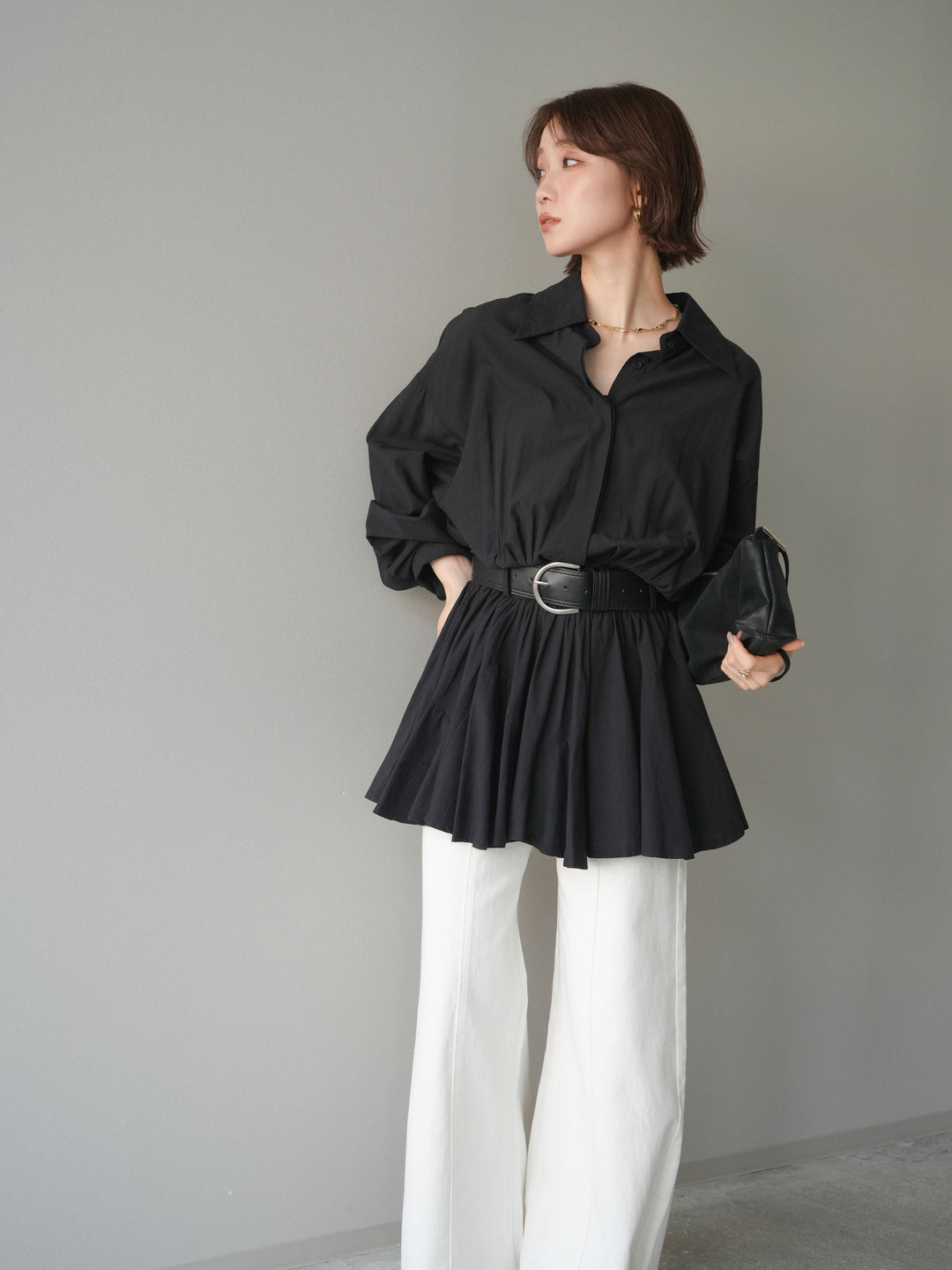 [予約]ベルト付フレアシャツミニワンピース/black