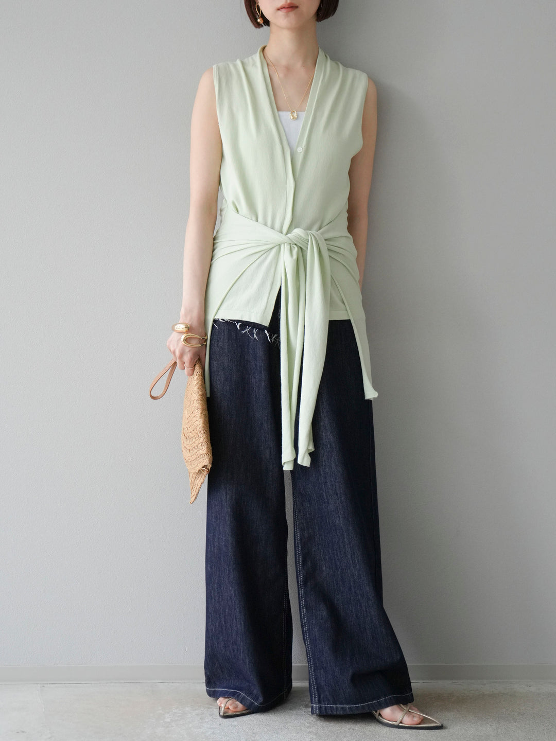 【預購】無袖圍腰針織開襟衫/綠色