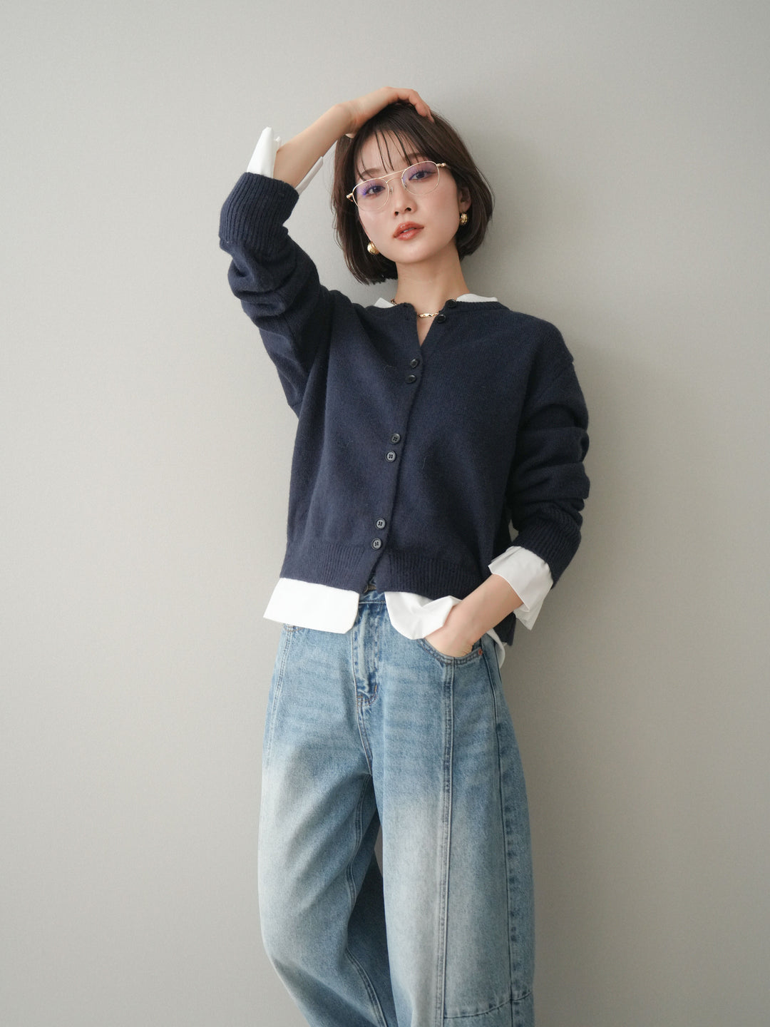 [SET]布帛ドッキングニットカーディガン+ガーメントウォッシュカーブデニムパンツ(2set)