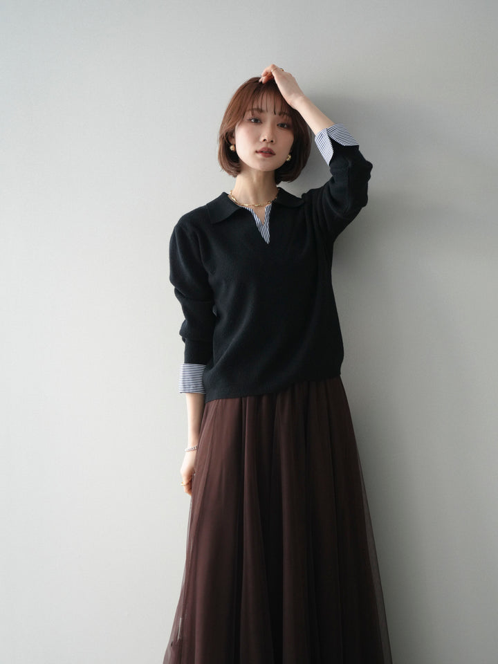 [予約]シャツレイヤードスキッパーニットプルオーバー/black