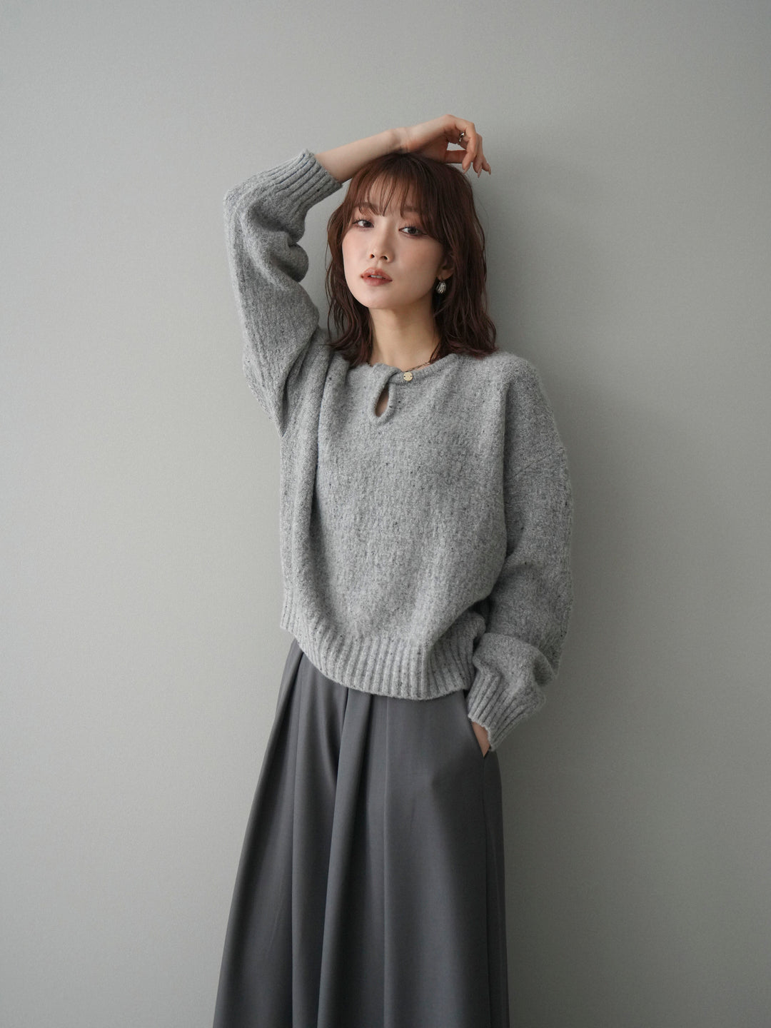 [予約]ツイストネックラメネップヤーンニットプルオーバー/gray