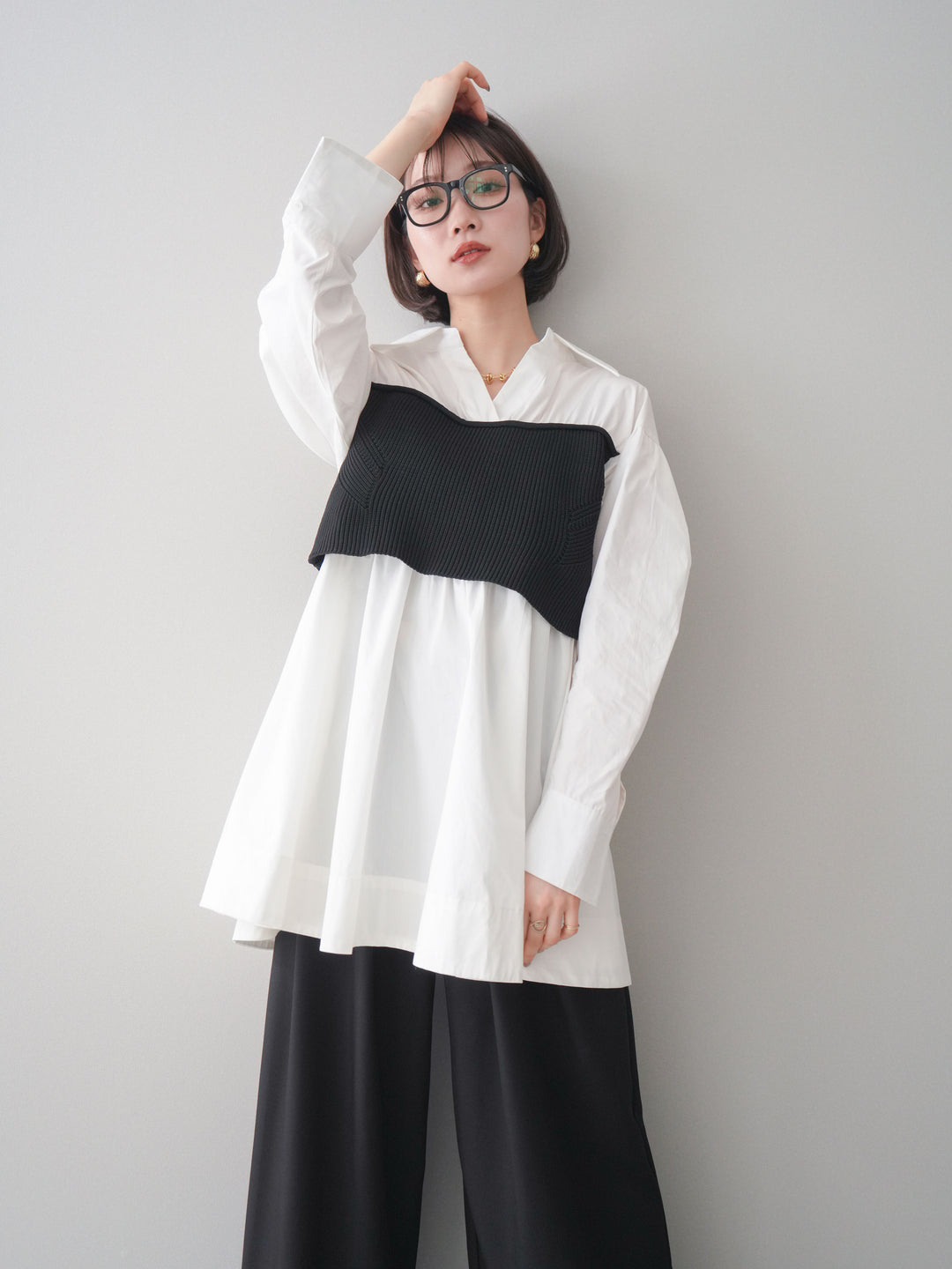 [予約]ニットビスチェドッキングフレアシャツチュニック/offwhite