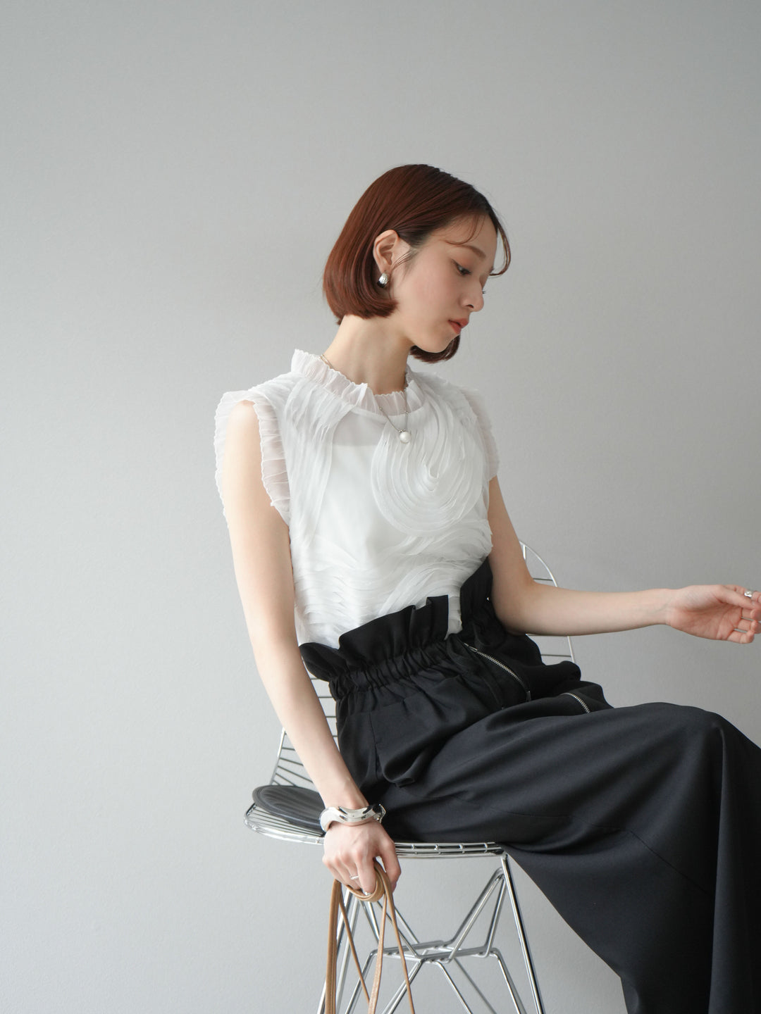 [SET]チュールジャガードノースリブラウス+ヘザーエステルギャザージップスカート(2set)