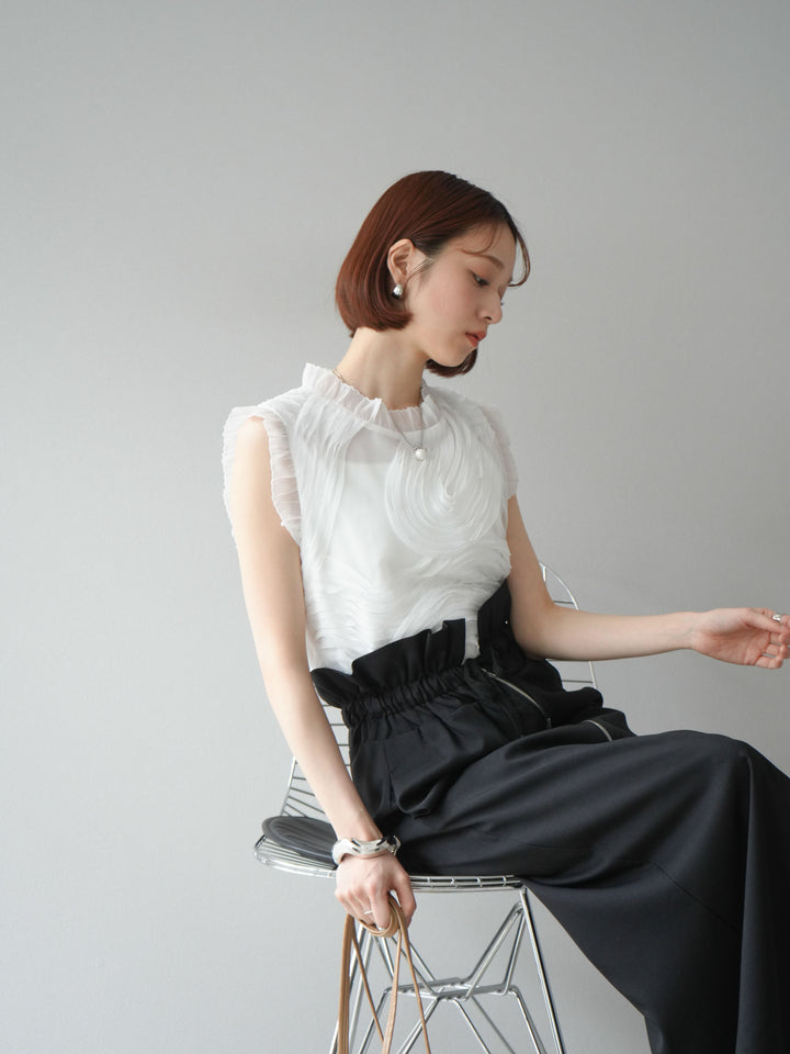 [SET]チュールジャガードノースリブラウス+ヘザーエステルギャザージップスカート(2set)