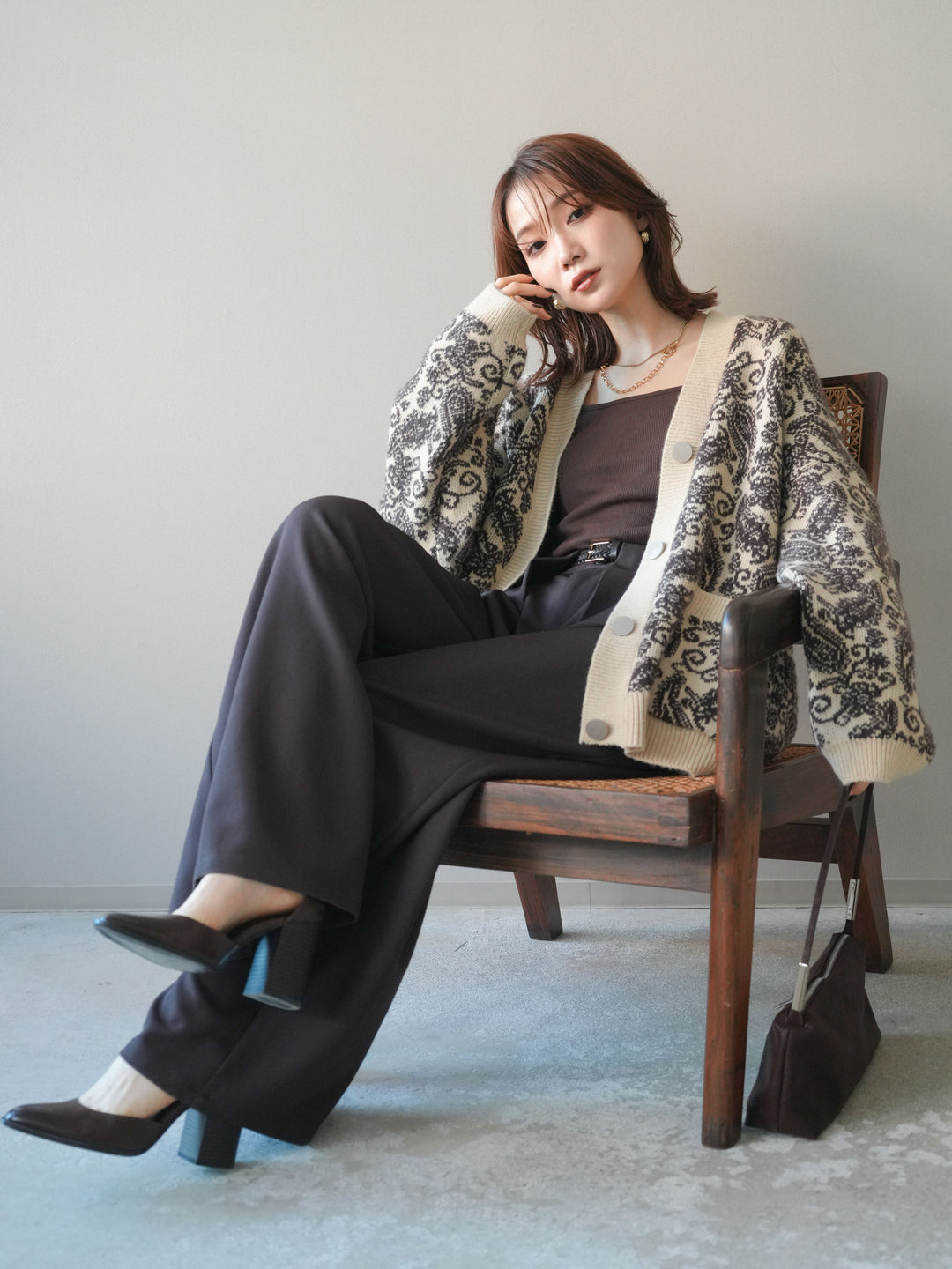 [予約]ペイズリー柄ニットカーディガン/brown