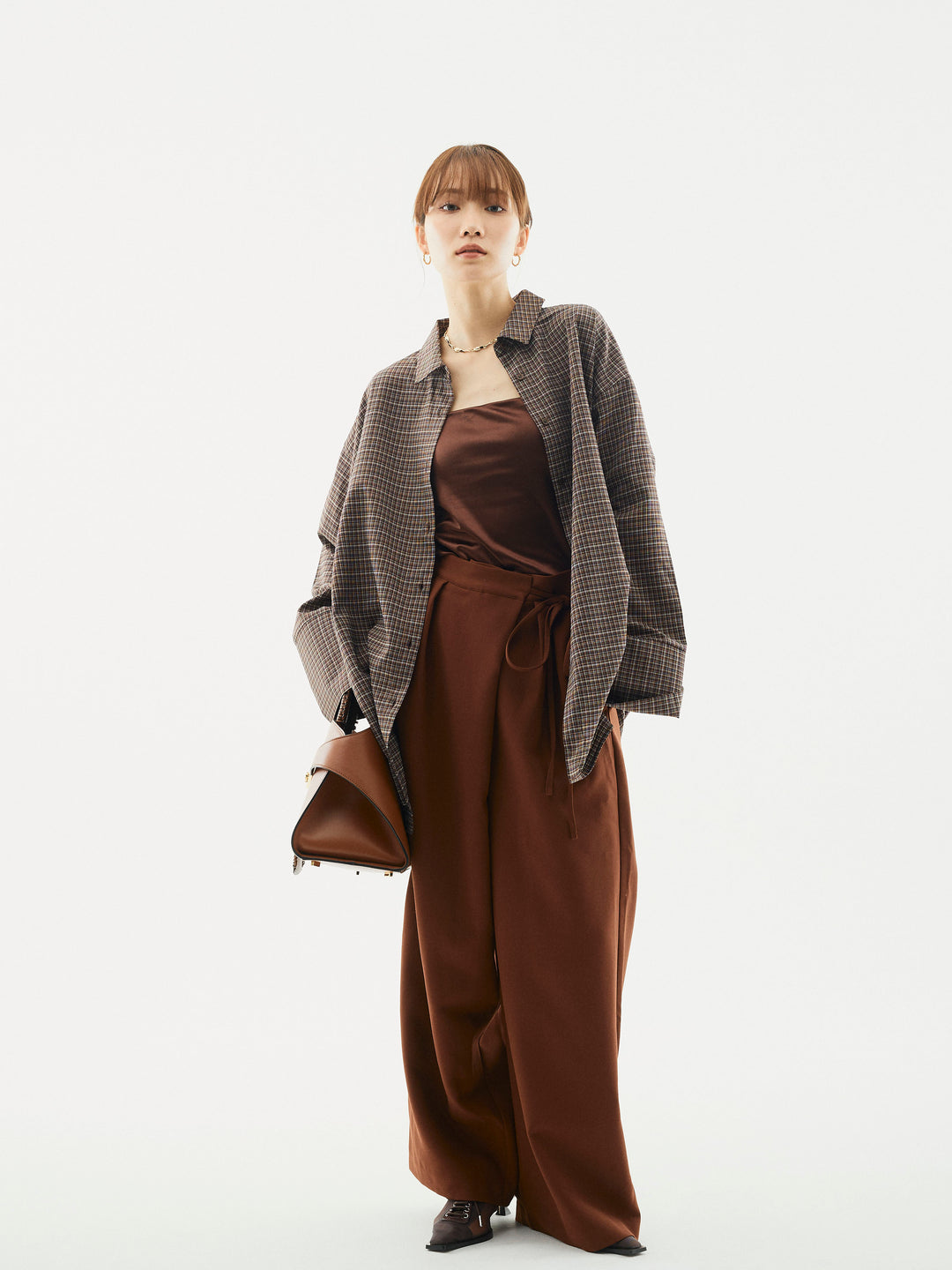 【Allure】[SET]チェックBIGカフスオーバーシャツ+ラップデザインタックワイドパンツ(2set)