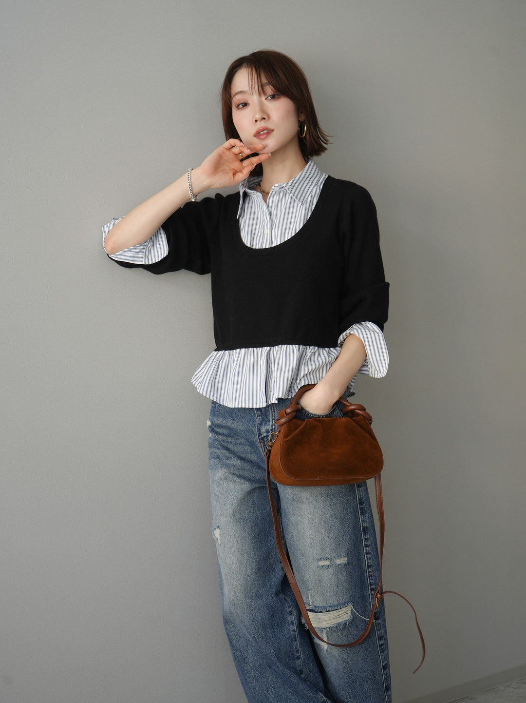 [予約]ストライプシャツUネックドッキングニットプルオーバー/blackoffstripe