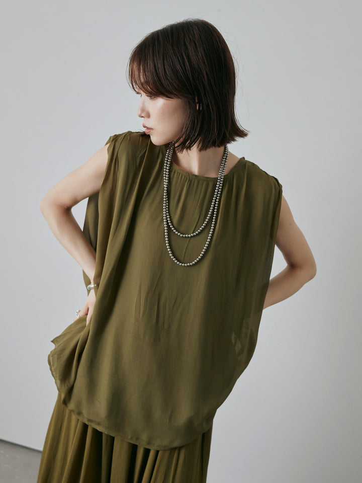 [預購] 透視褶肩襯衫/綠色