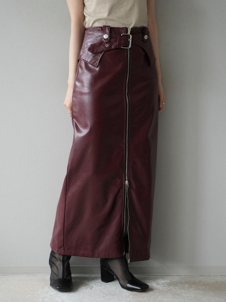 [予約]ベルトデザインレザータッチZIPタイトスカート/レッド