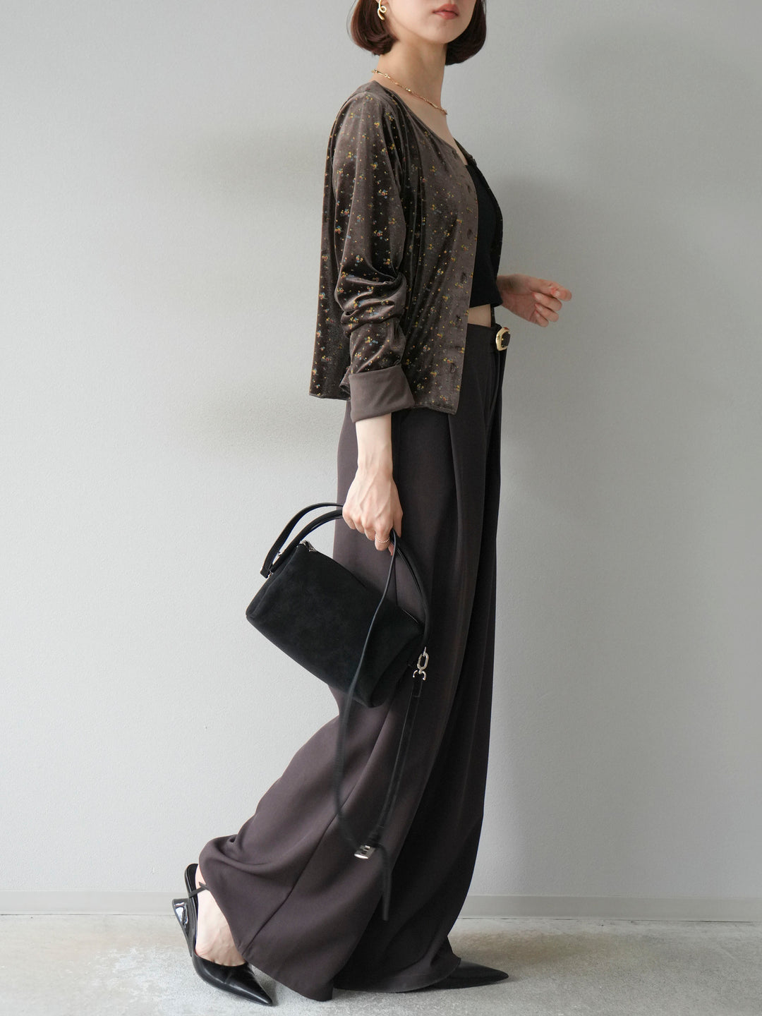 【預購】皮帶環設計寬褲/棕色