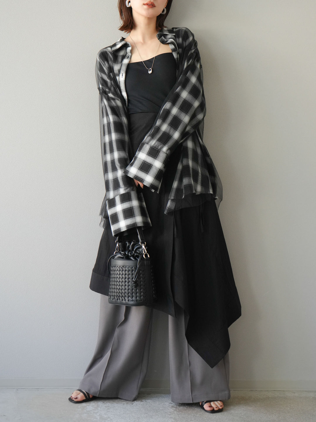 [予約]チュールドッキングチェック柄オーバーサイズシャツ/ブラック