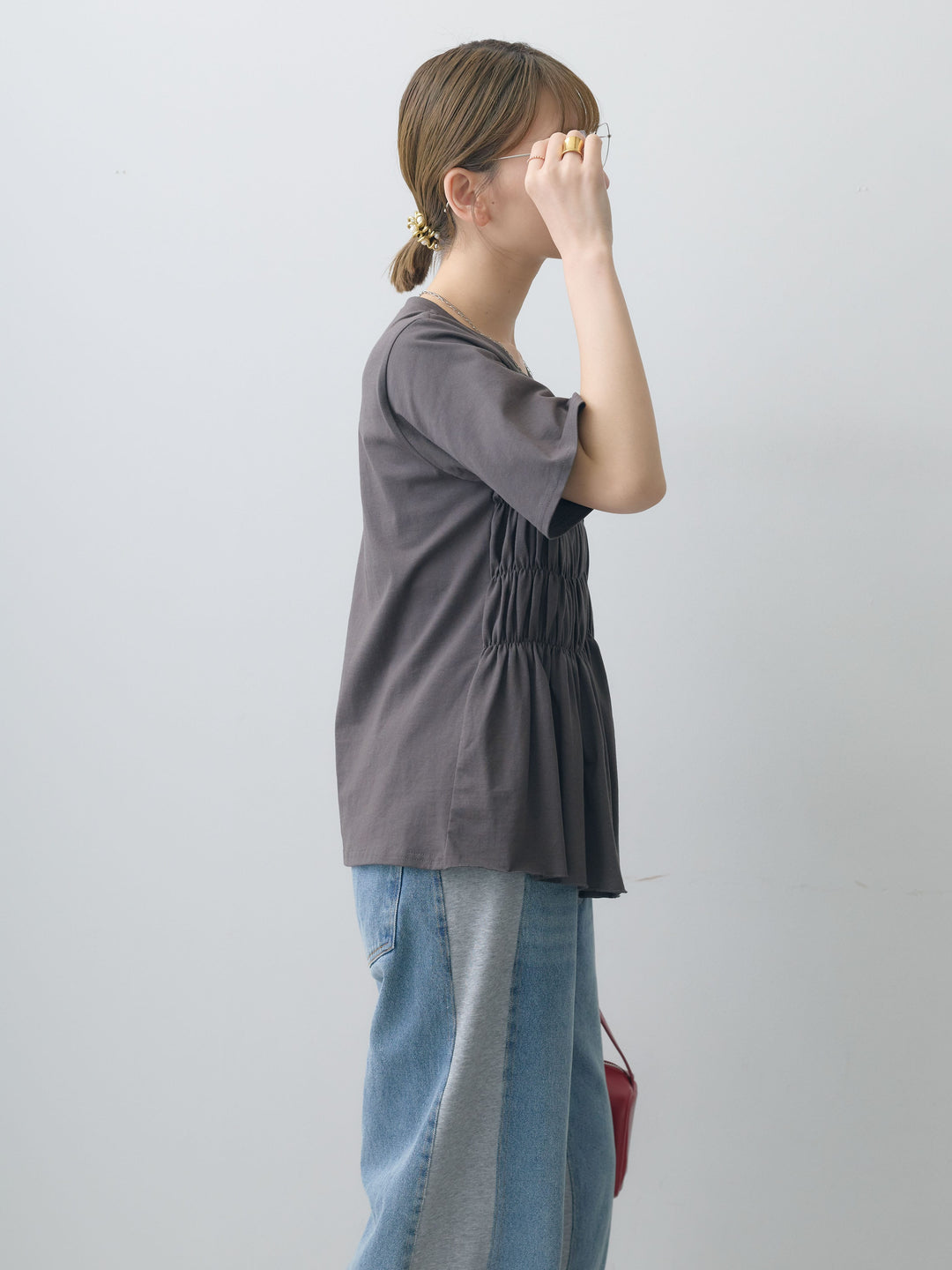 [SET]クールタッチシャーリングTEE+デニム切替スウェットパンツ(2set)