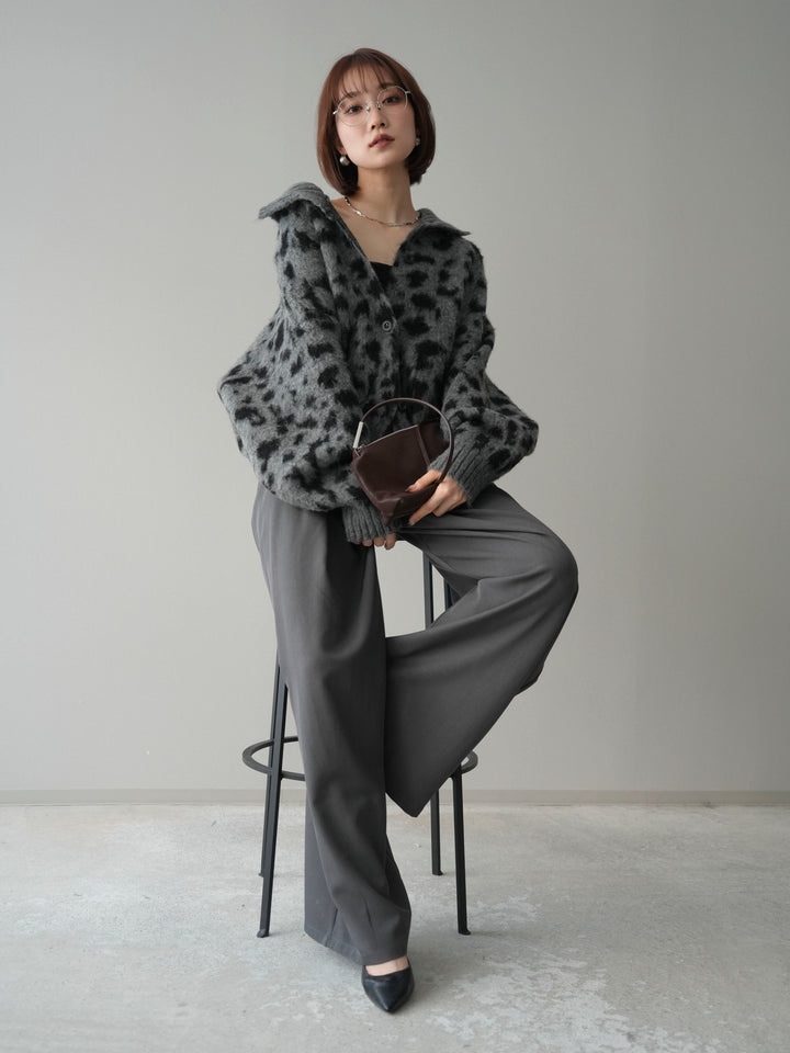 [予約]スタンドネックレオパード柄ニットカーディガン/gray