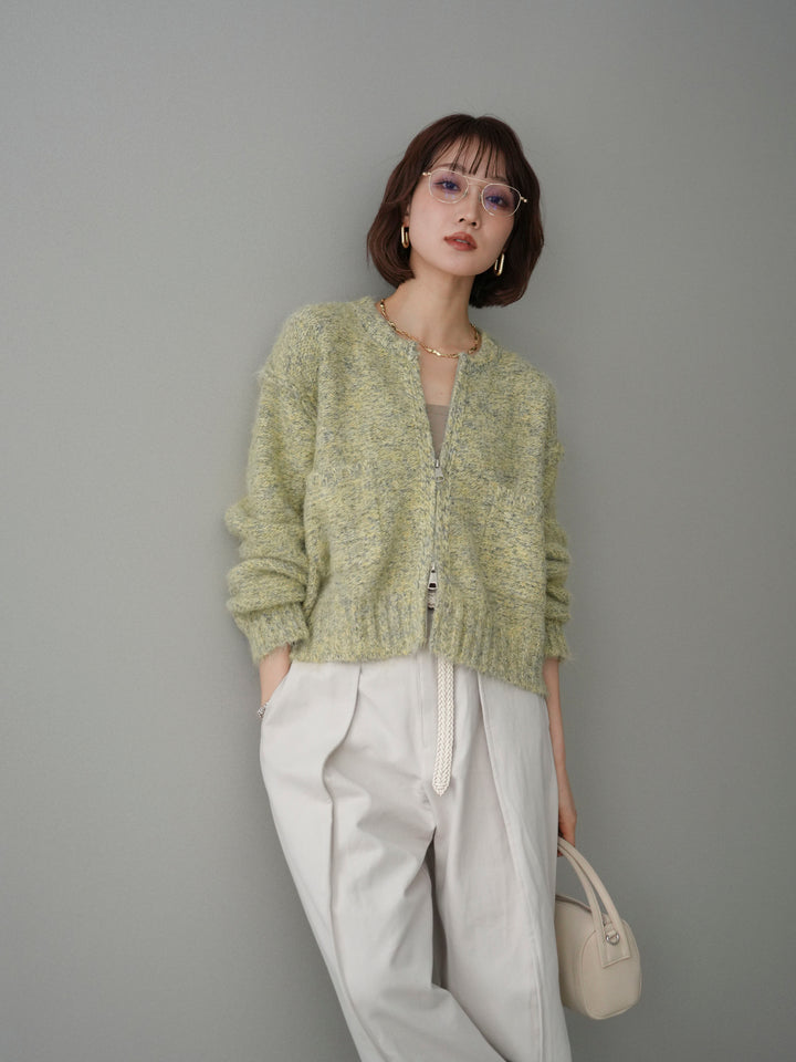 [予約]ミックスヤーンダブルZIPニットカーディガン/greenyellow