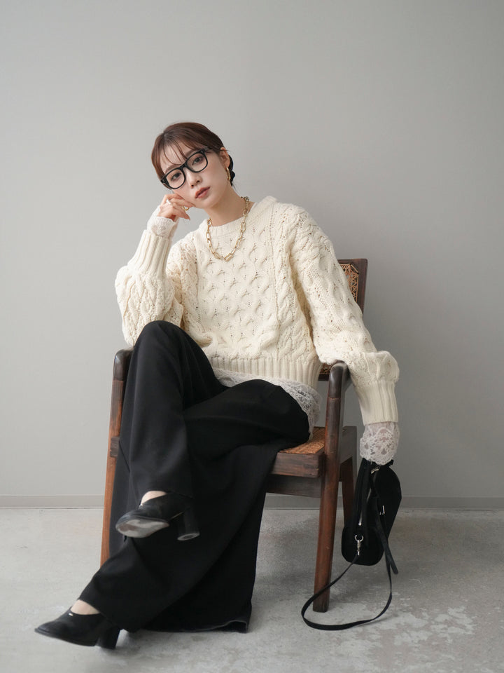 [SET]バルキーケーブルクロップドニットプルオーバー+チュールレーストップス(2set)