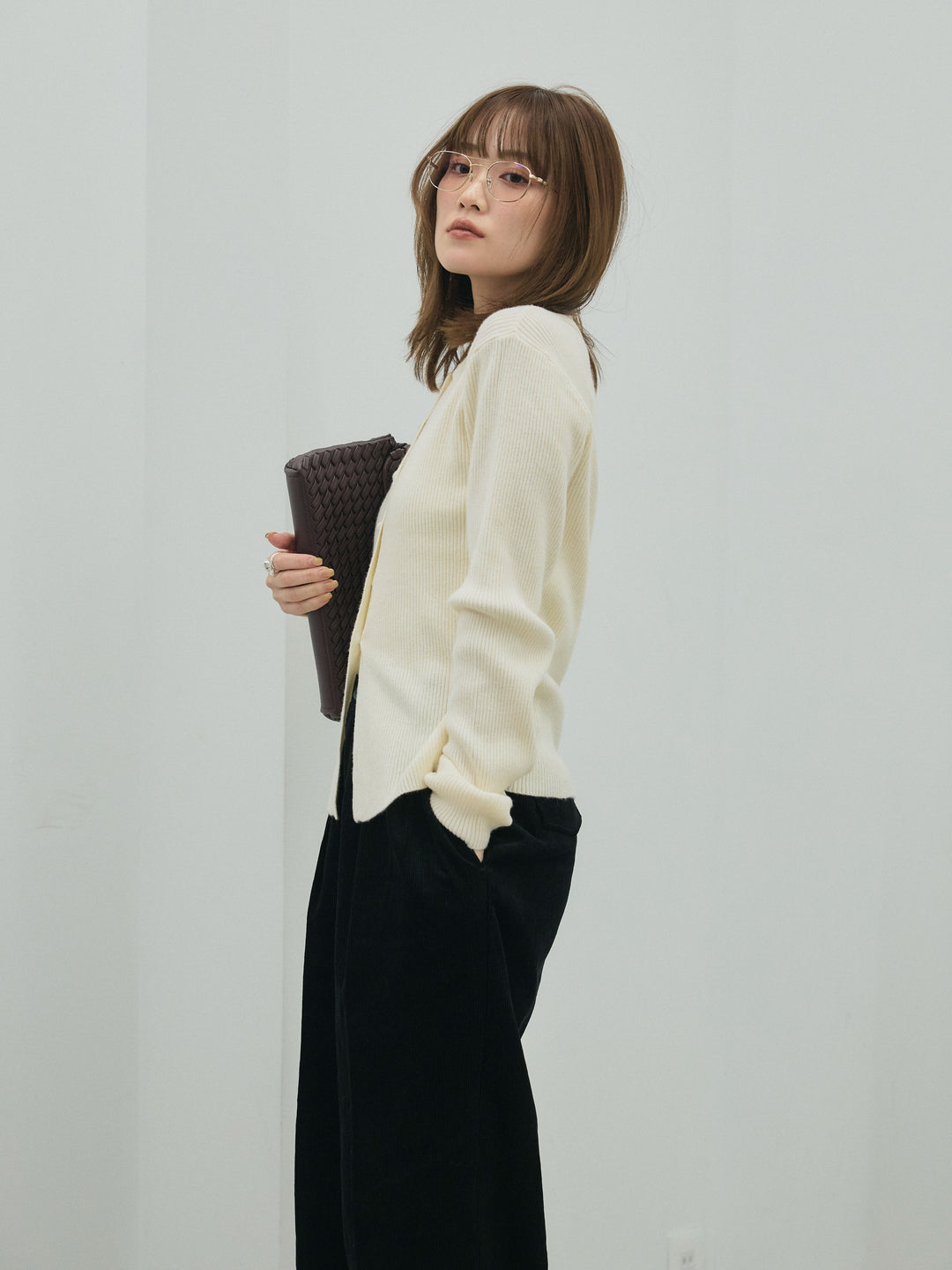 【Allure】[SET]くるみボタンポロリブニットトップス+くるみボタンポロリブニットトップス(2set)