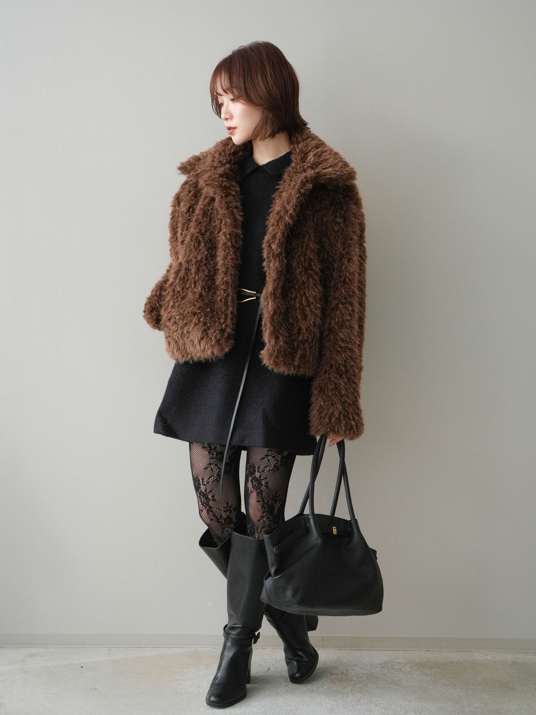 [予約]襟付きブークレミニワンピース/black