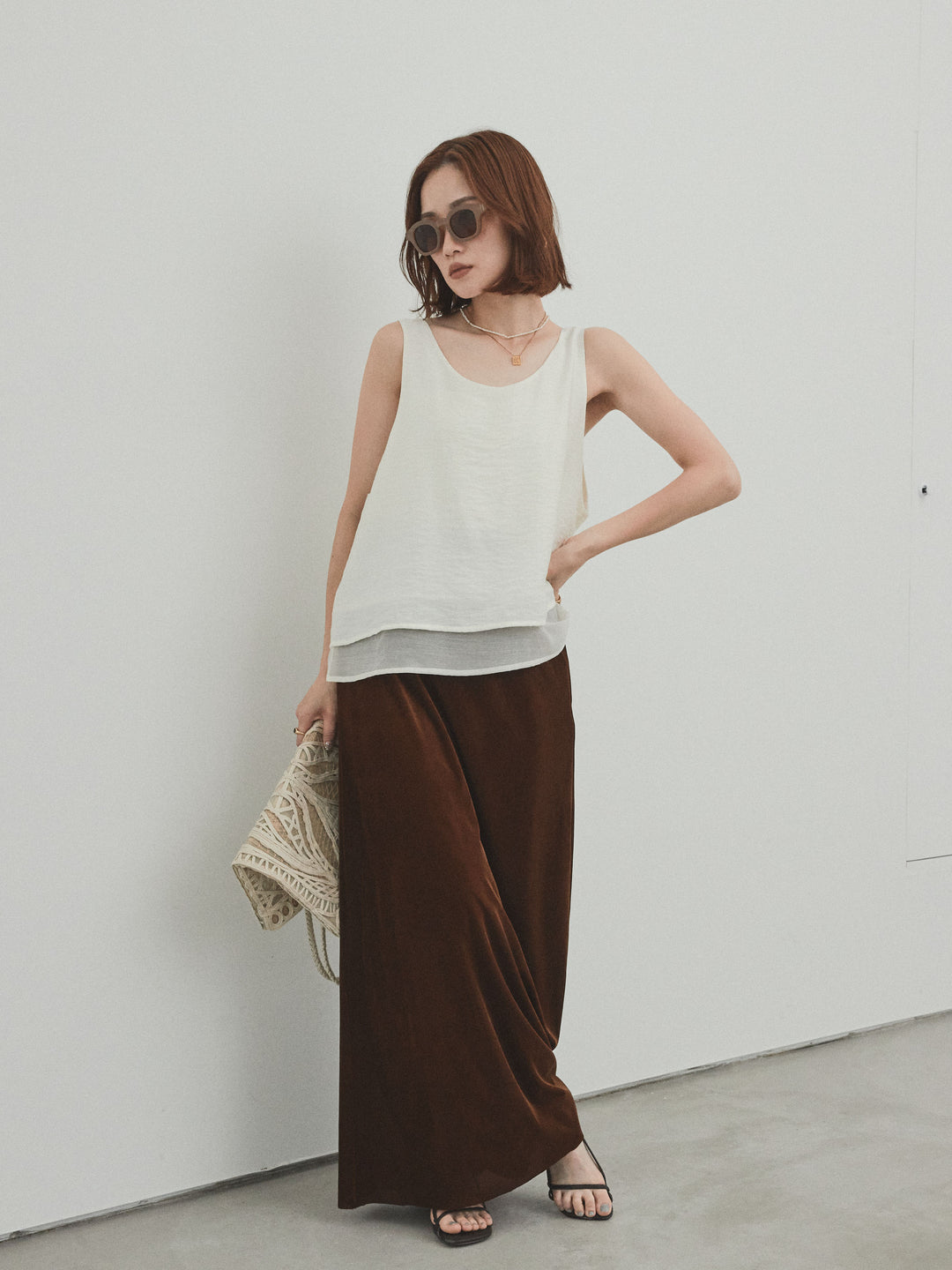 [SET]ワッシャーサテンシアーレイヤードタンクトップ+ベロアナロースカート(2set)