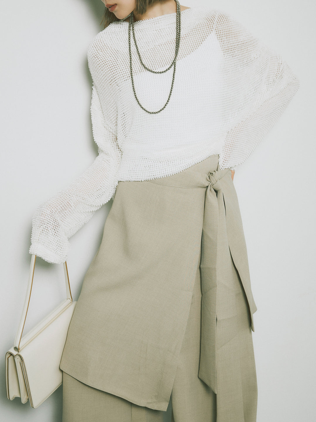 [SET] 後背垂墜網眼套頭衫+亞麻觸感裹身寬褲（2件套）