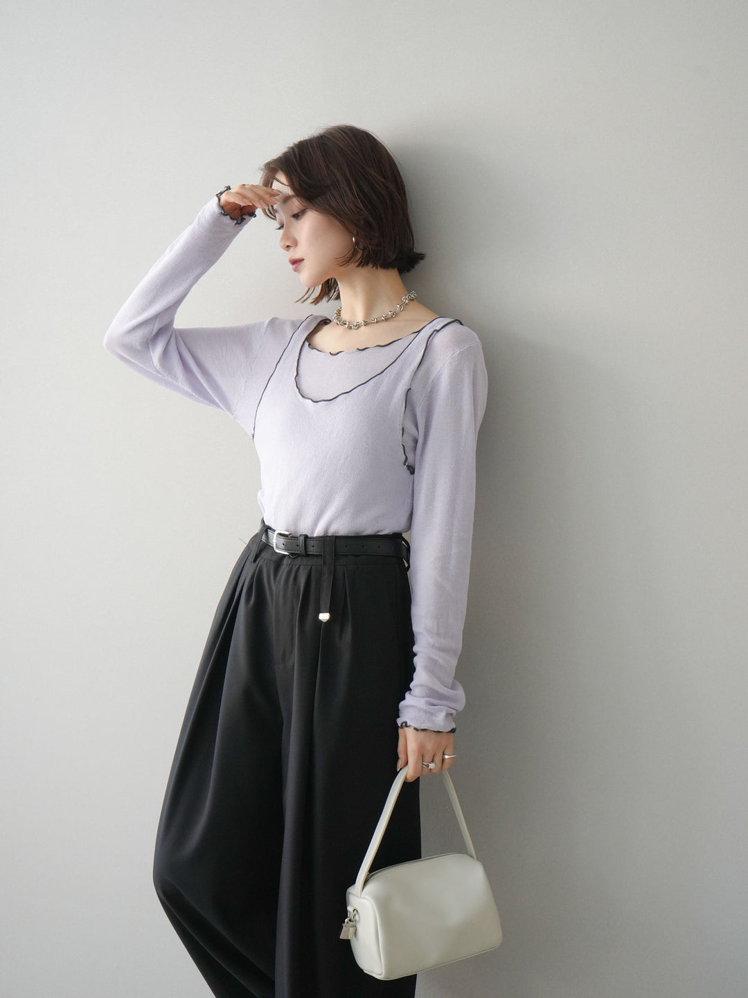 [SET]バイカラーメローアンサンブルシアーニットトップス+選べるアクセセット(2set)