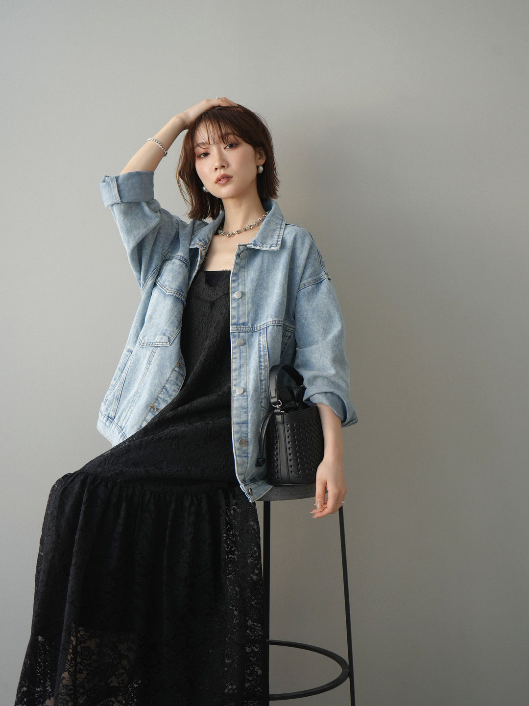 [予約]ギャザー切替レースキャミワンピース/black