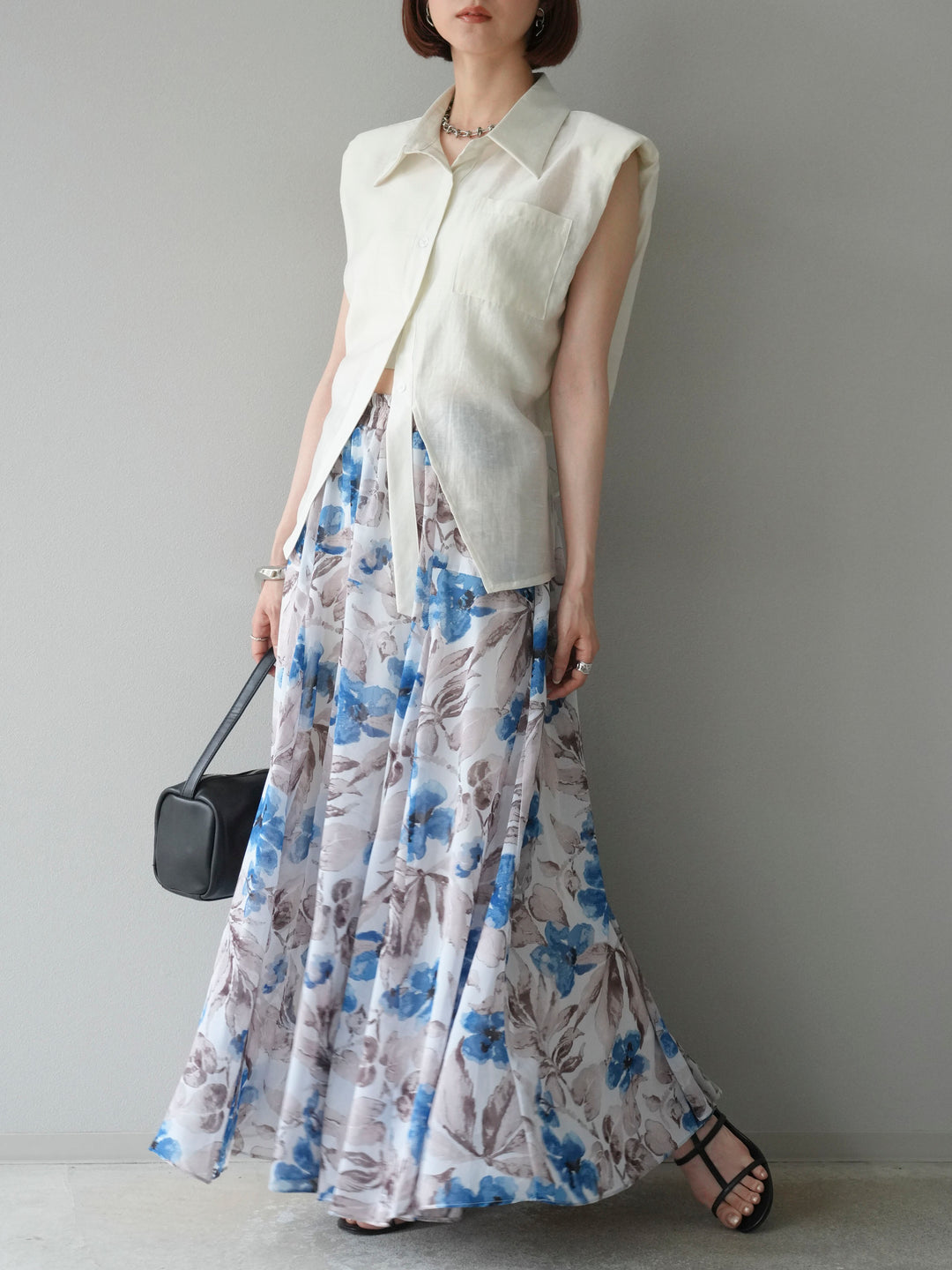[予約]フラワープリントボリュームフレアスカート/ブルー