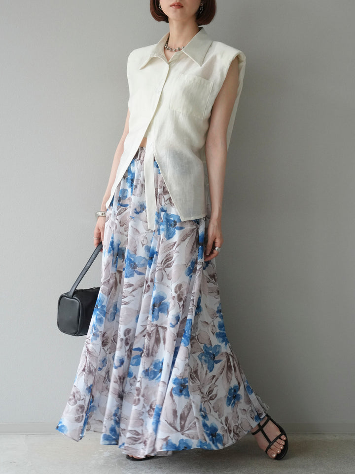[予約]フラワープリントボリュームフレアスカート/ブルー