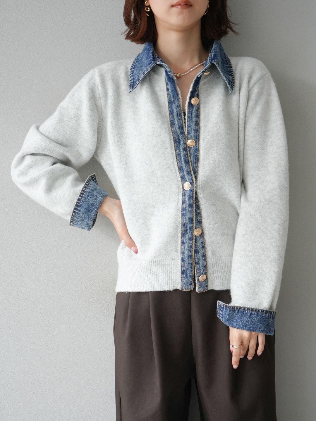 [SET]デニム襟ボタンニットカーディガン+エステルタックワイドパンツ(2set)