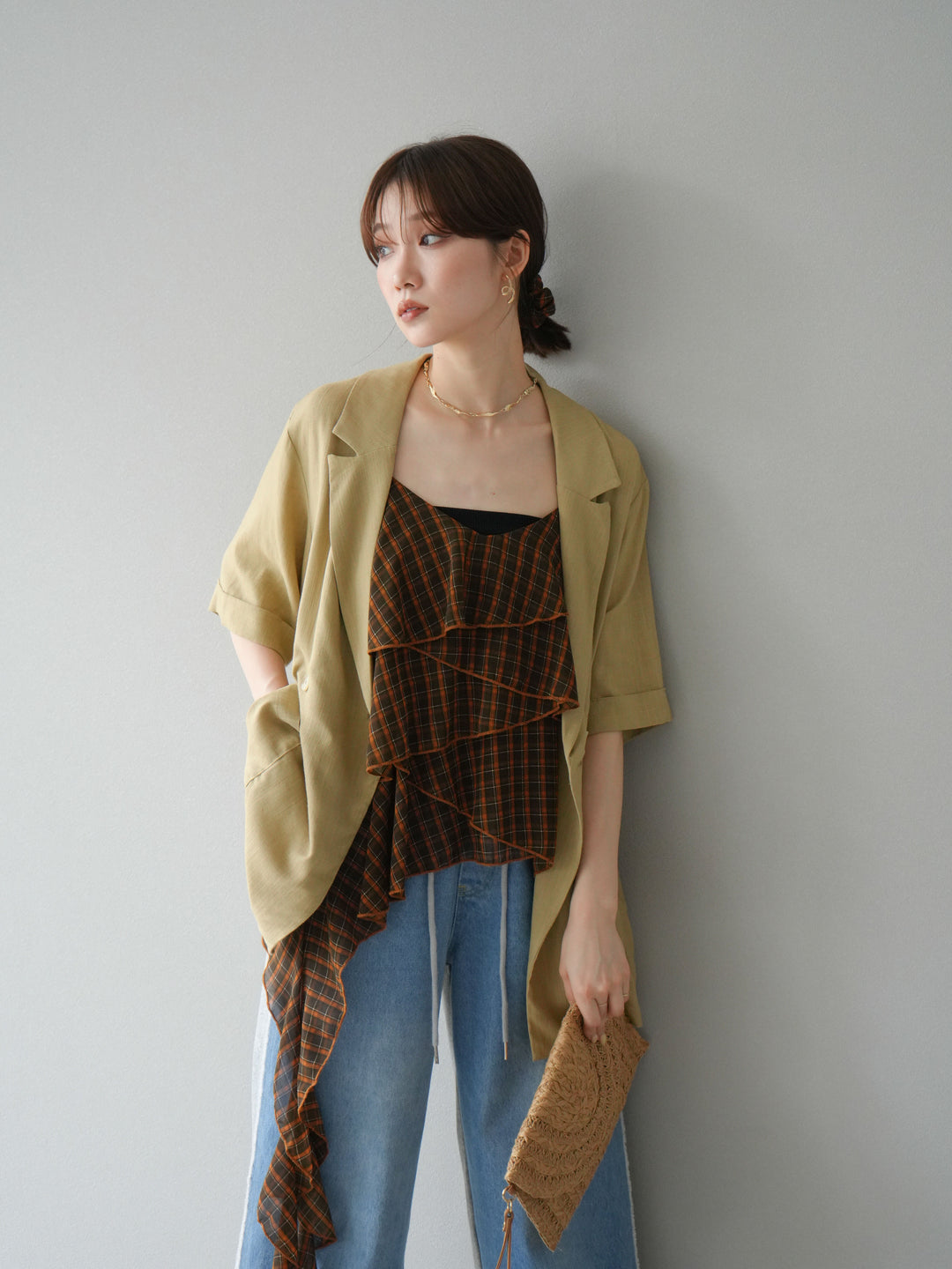 [予約]チェック柄ラッフルキャミソール/ブラウン