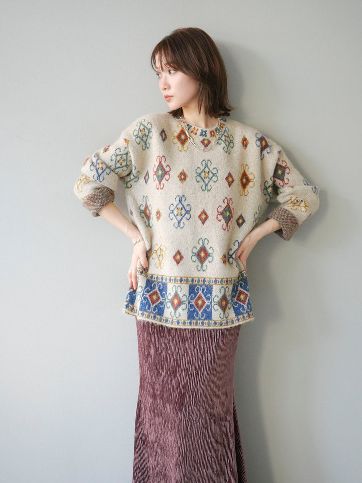 [予約]ヴィンテージ柄オーバーニットプルオーバー/アイボリー