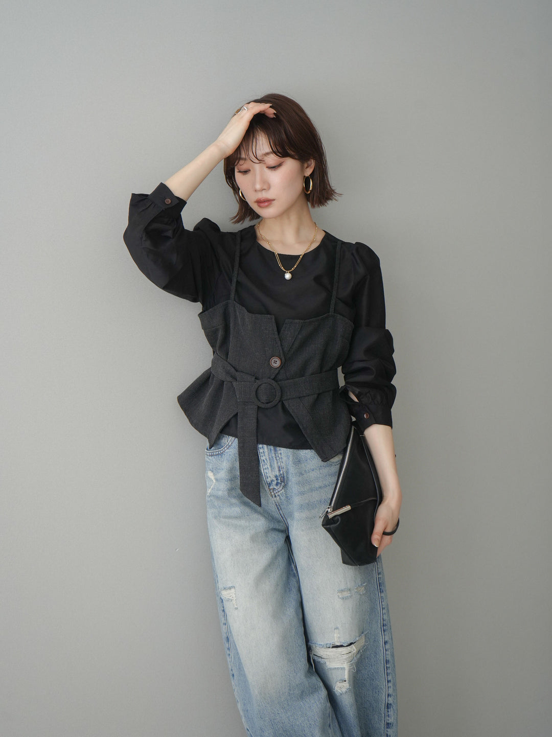 [予約]異素材ビスチェドッキングブラウス/black