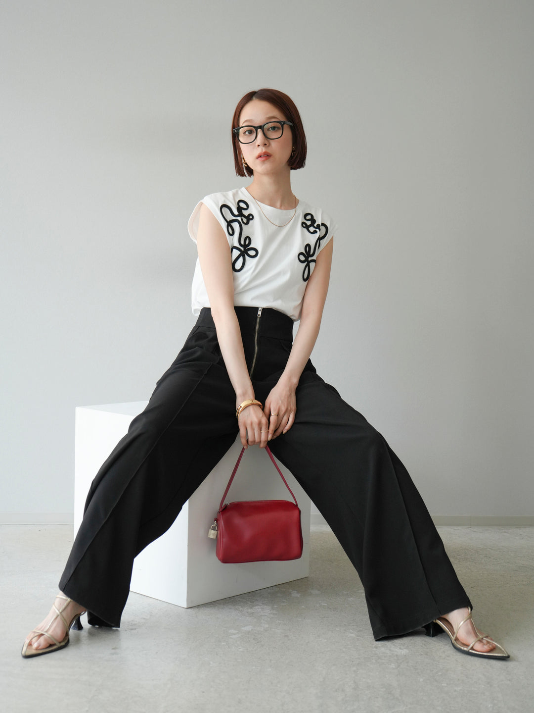 [SET]コード刺繍フレンチスリーブTシャツ+コード刺繍フレンチスリーブTシャツ(2set)