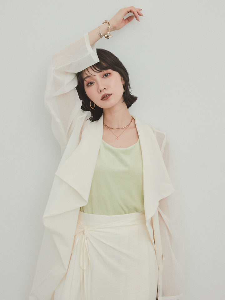 [SET] 方形天鵝絨背心 + 水洗緞層疊裙褲 + 透視長外套 (3 件套)