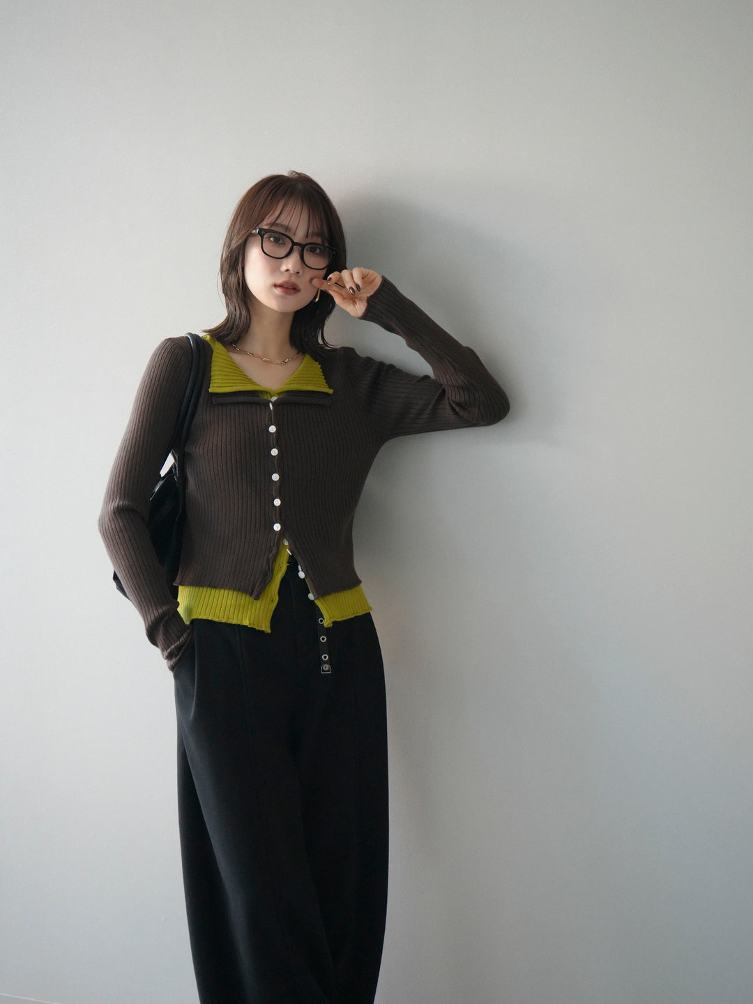 [予約]配色レイヤードリブニットカーディガン/brown