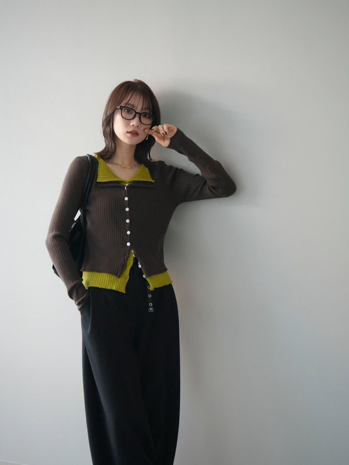 [予約]配色レイヤードリブニットカーディガン/brown